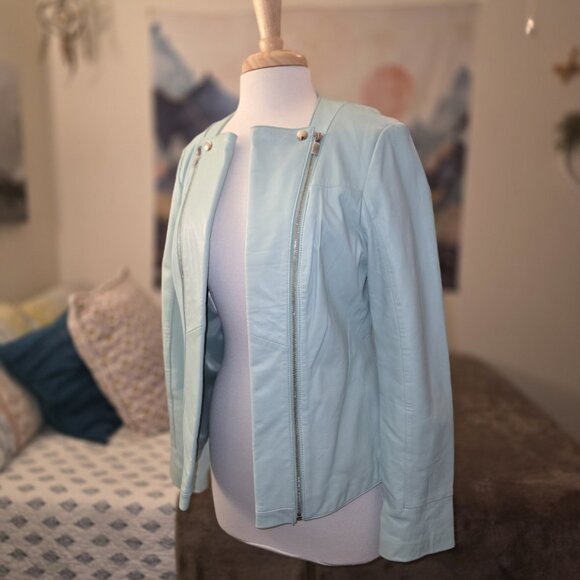 Neiman Marcus Exclusive Women’s Genuine Leather Jacket Large Aqua Mint Turquoise - Picture 11 of 16